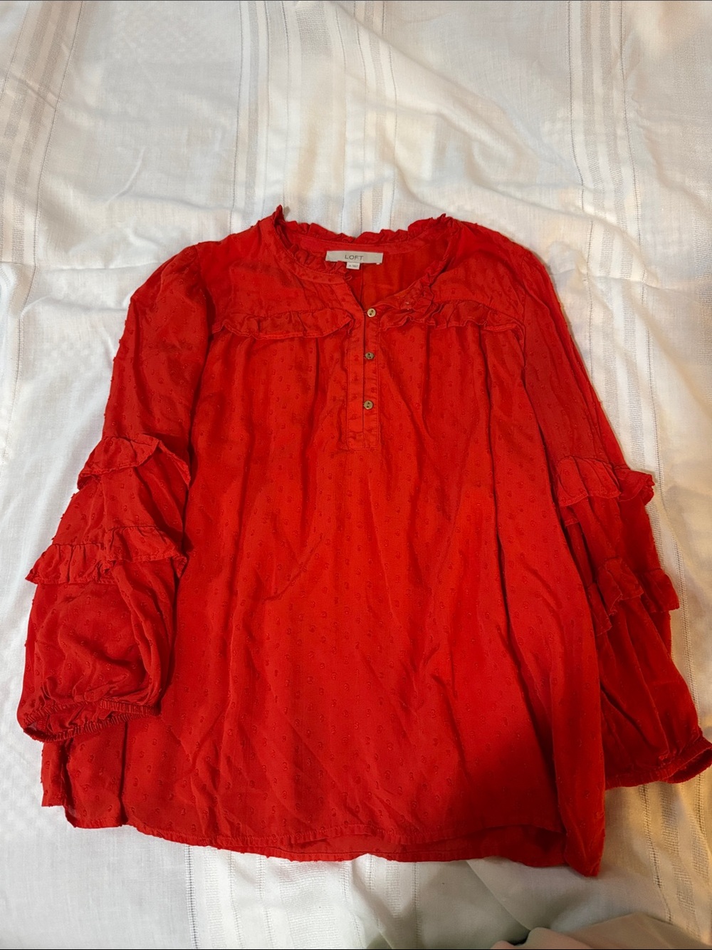 LOFT Bright Red Ruffle Swiss Dot Peasant Blouse